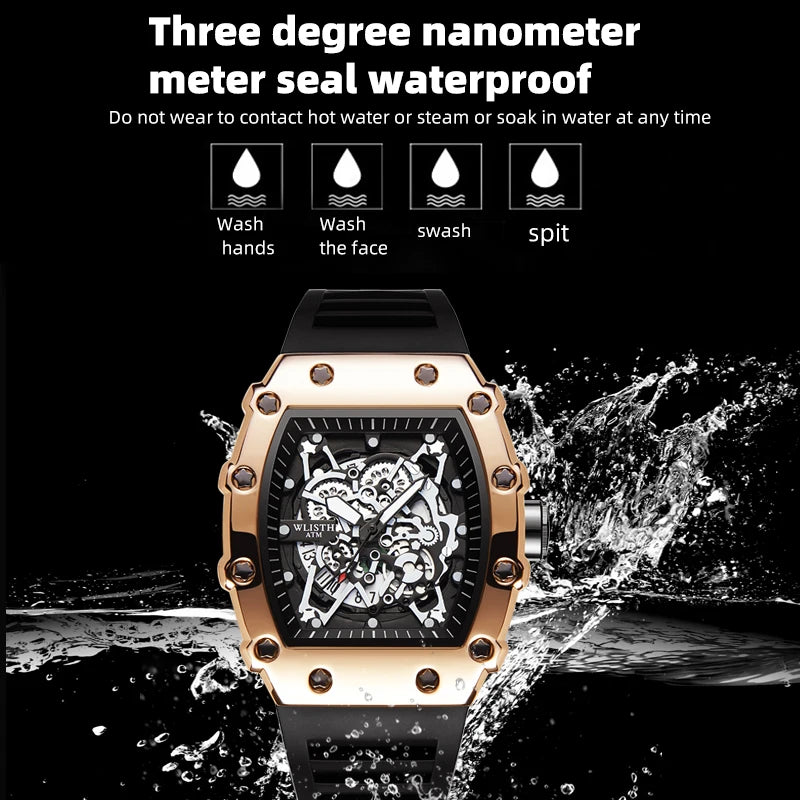 New Brand Men'S Watch Fashion Automatic Movement Barrel Luminous Waterproof Clock Sports Male'S Silicone Strap Quartz Wristwatch